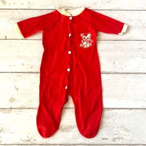 Vintage Red Newborn Baby Snap Up Footie Sleeper Pajamas Teddy Bear Design